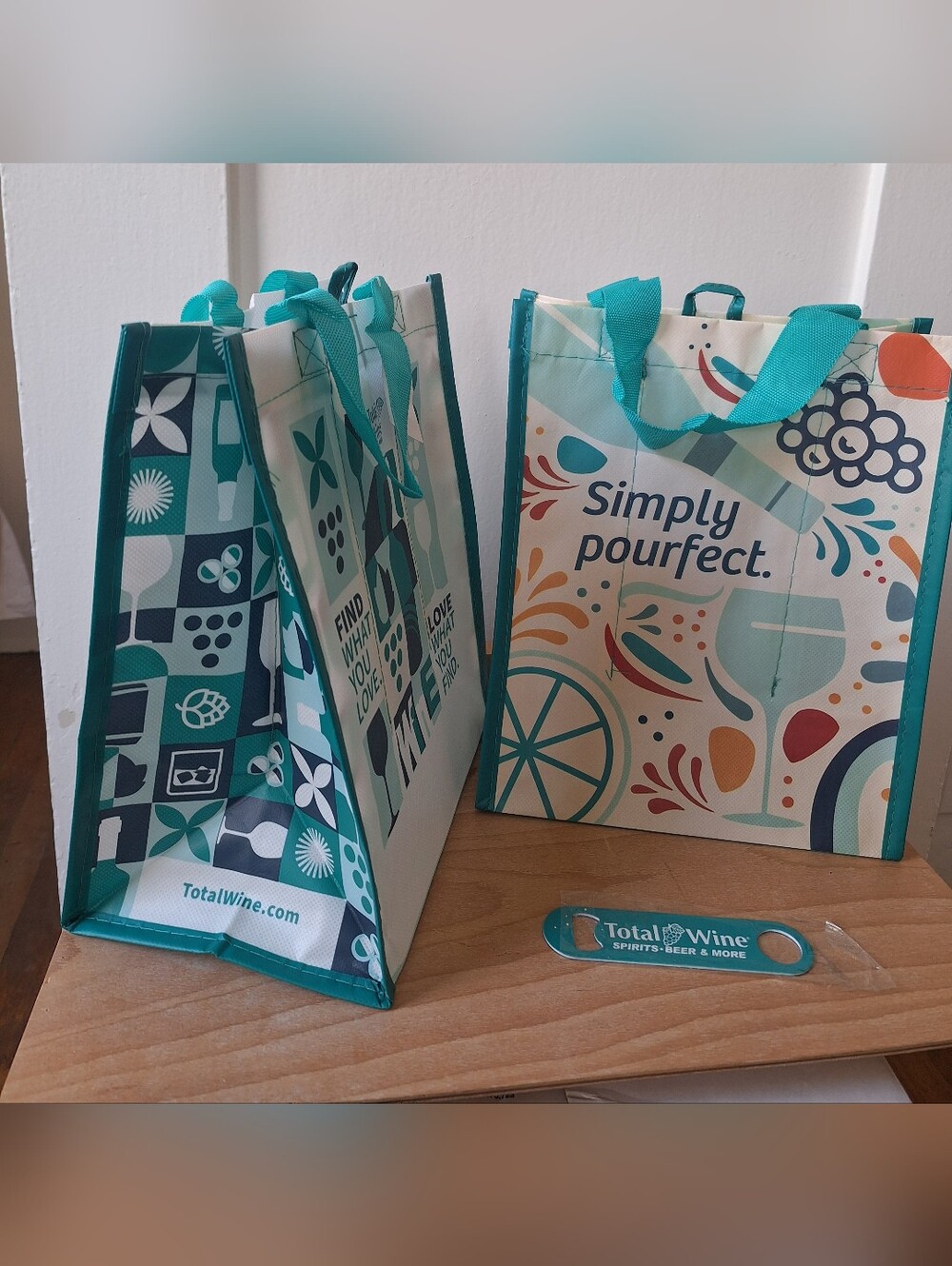 2 Total Wine Reusable Tote Bags - Teal & White and Bottle Opener